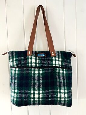 Kavu Montrose Tote in a green and white plaid pattern